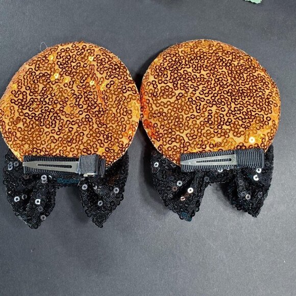 Minnie Mouse Ears Hair Clips Barrette Orange Sequins Black Bow Hair Care - Picture 5 of 9